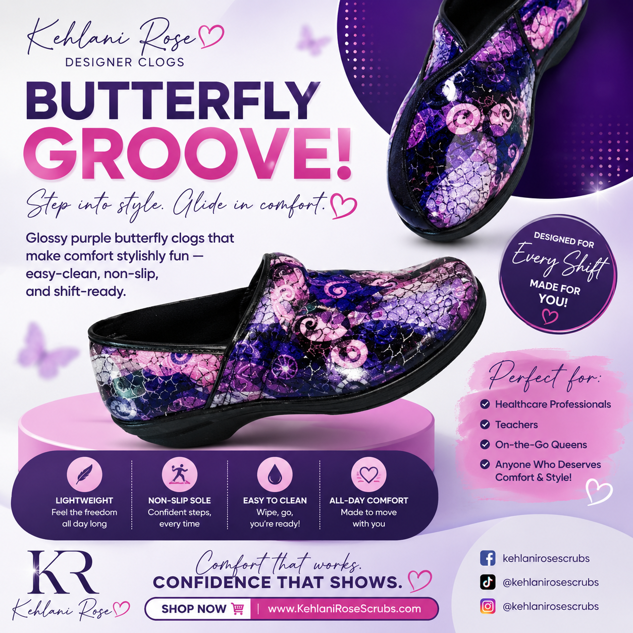 Purple Butterfly Nursing Clogs
