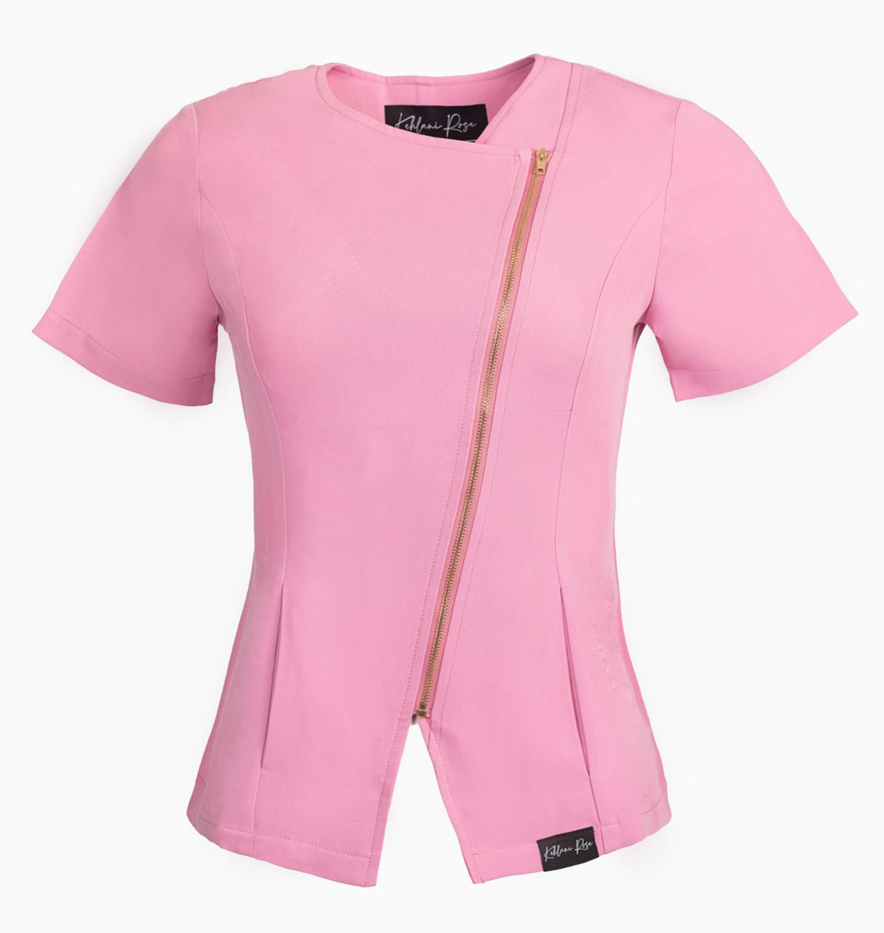 Pink Diagonal Zipper Scrub Top