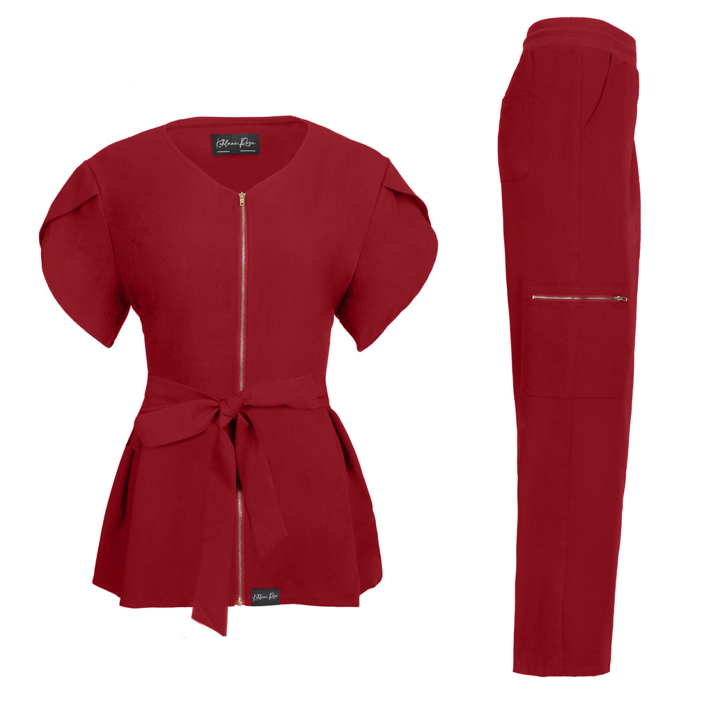 Burgundy Peplum Zippered Scrub Top