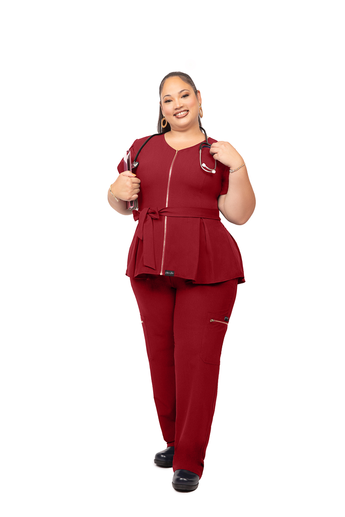 Burgundy Peplum Zippered Top Scrub Set
