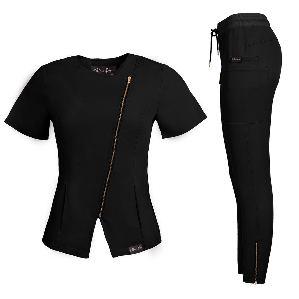 Black Diagonal Zipper Scrub Top