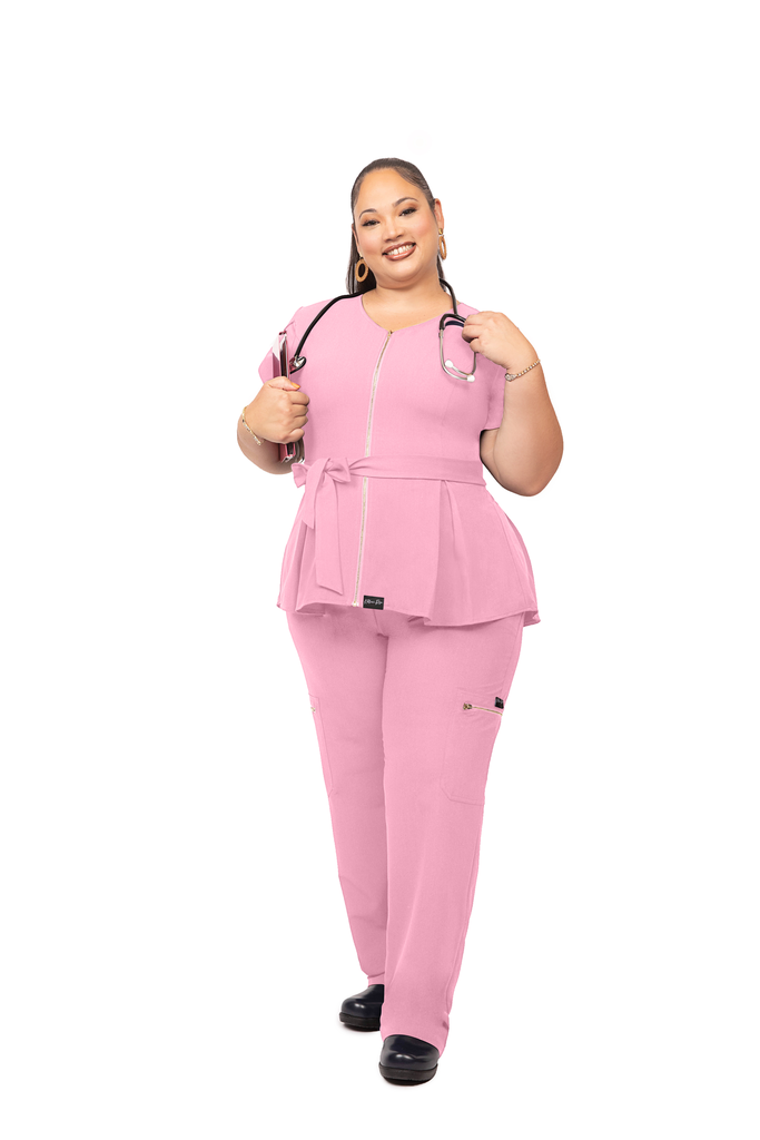 Pink Peplum Zippered Top Scrub Set