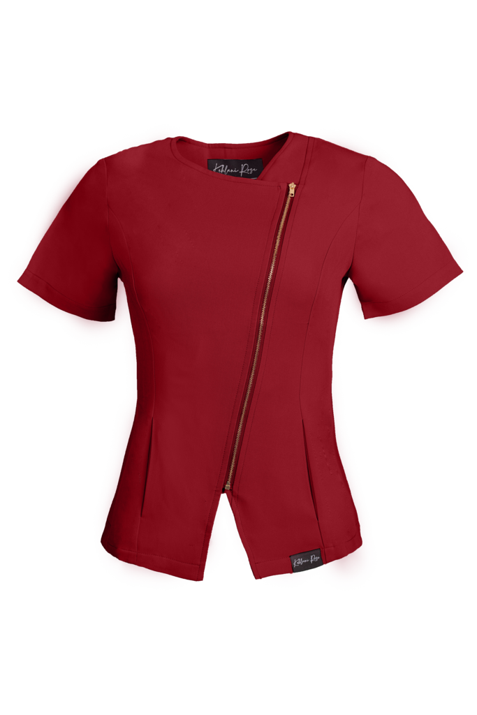 Burgundy Diagonal Zipper Scrub Top