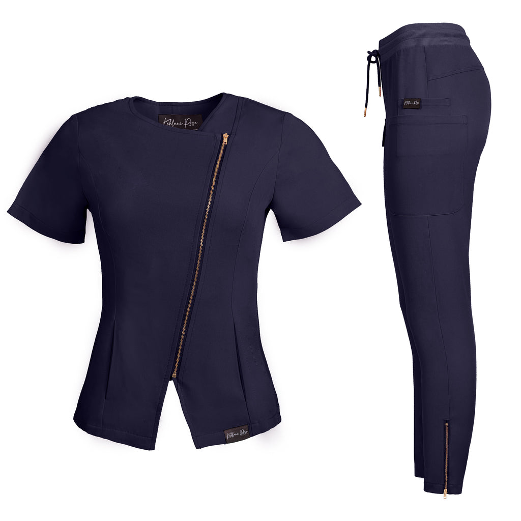 Navy Blue Diagonal Zipper Scrub Top