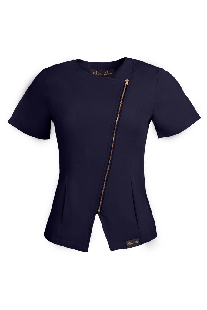 Navy Blue Diagonal Zipper Scrub Top