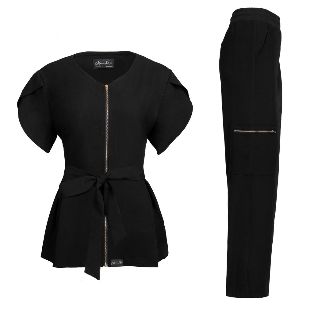 Black Peplum Zippered Scrub Top