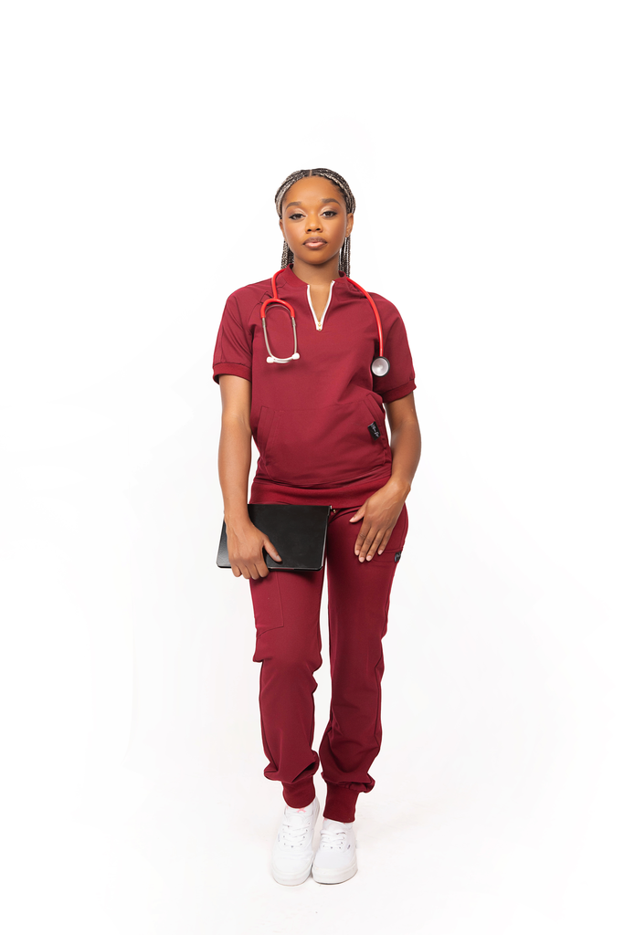 Burgundy Quarter Zipper Scrub Top