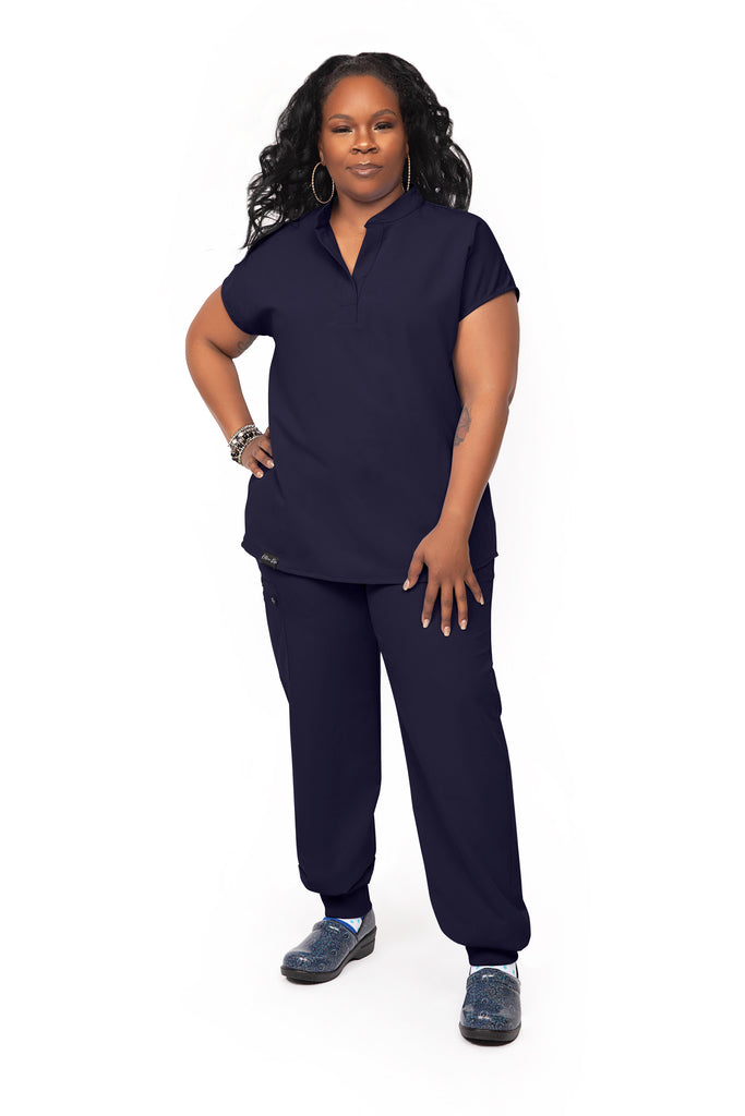 Navy Blue Sleeveless Flare Scrub Top