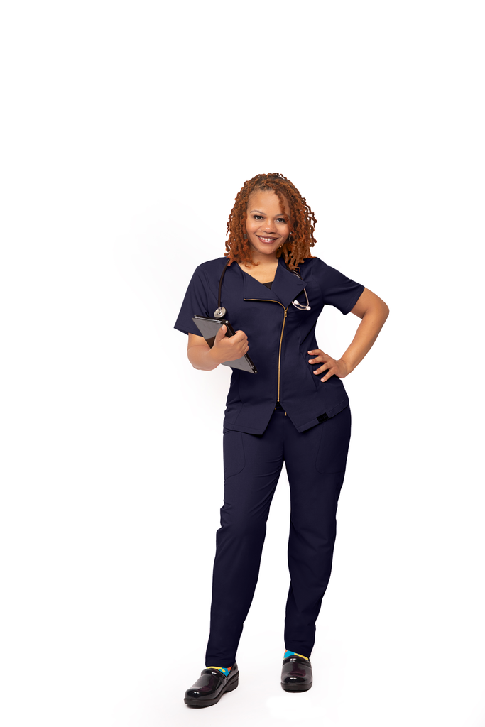 Navy Blue Diagonal Zipper Scrub Top