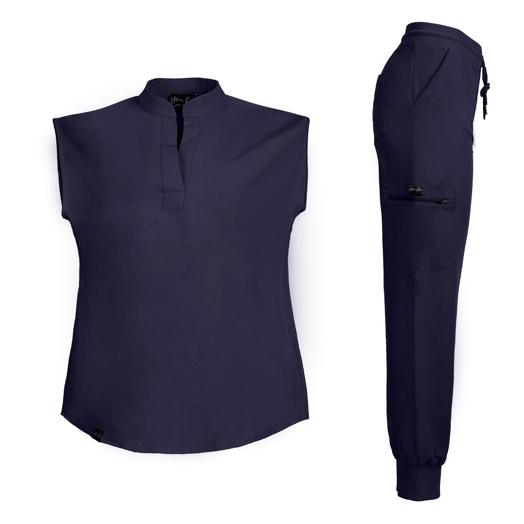 Navy Blue Sleeveless Flare Scrub Top