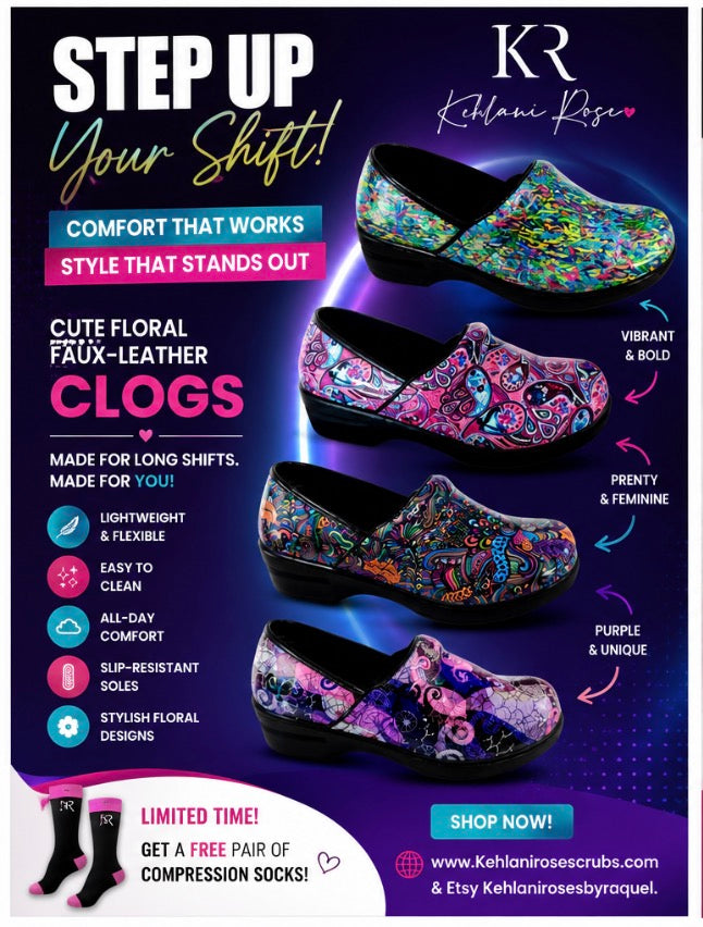 Pink Mardi Gras Patent Nursing Clogs