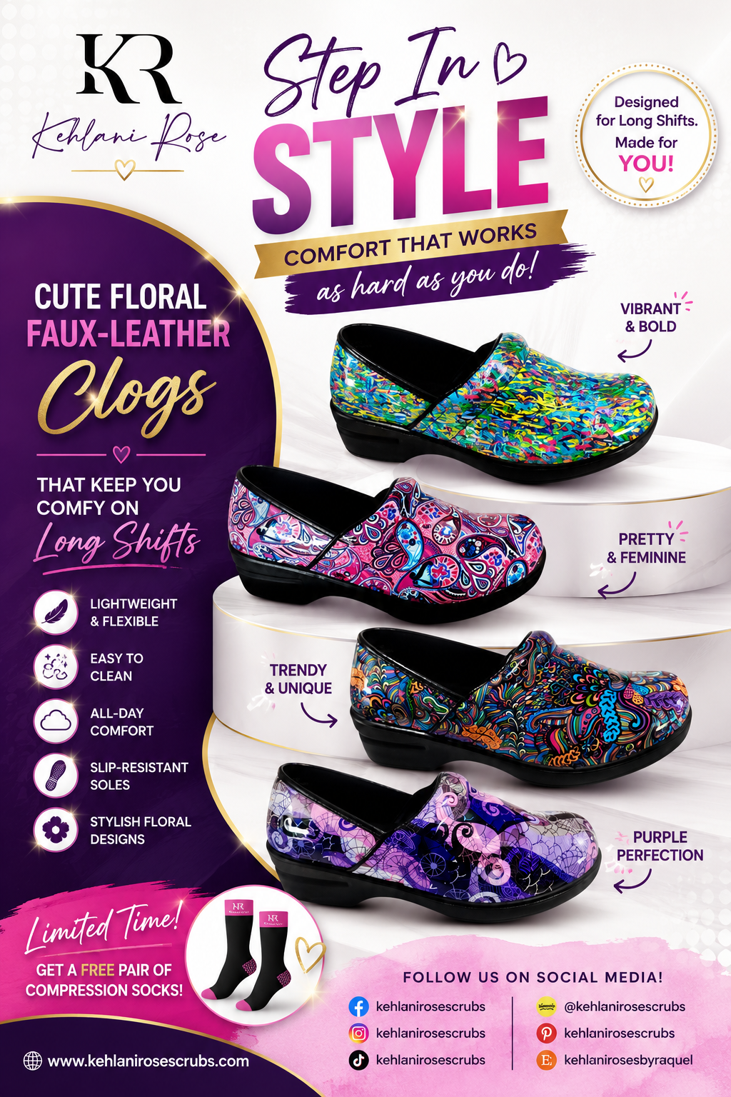 Pink Mardi Gras Patent Nursing Clogs