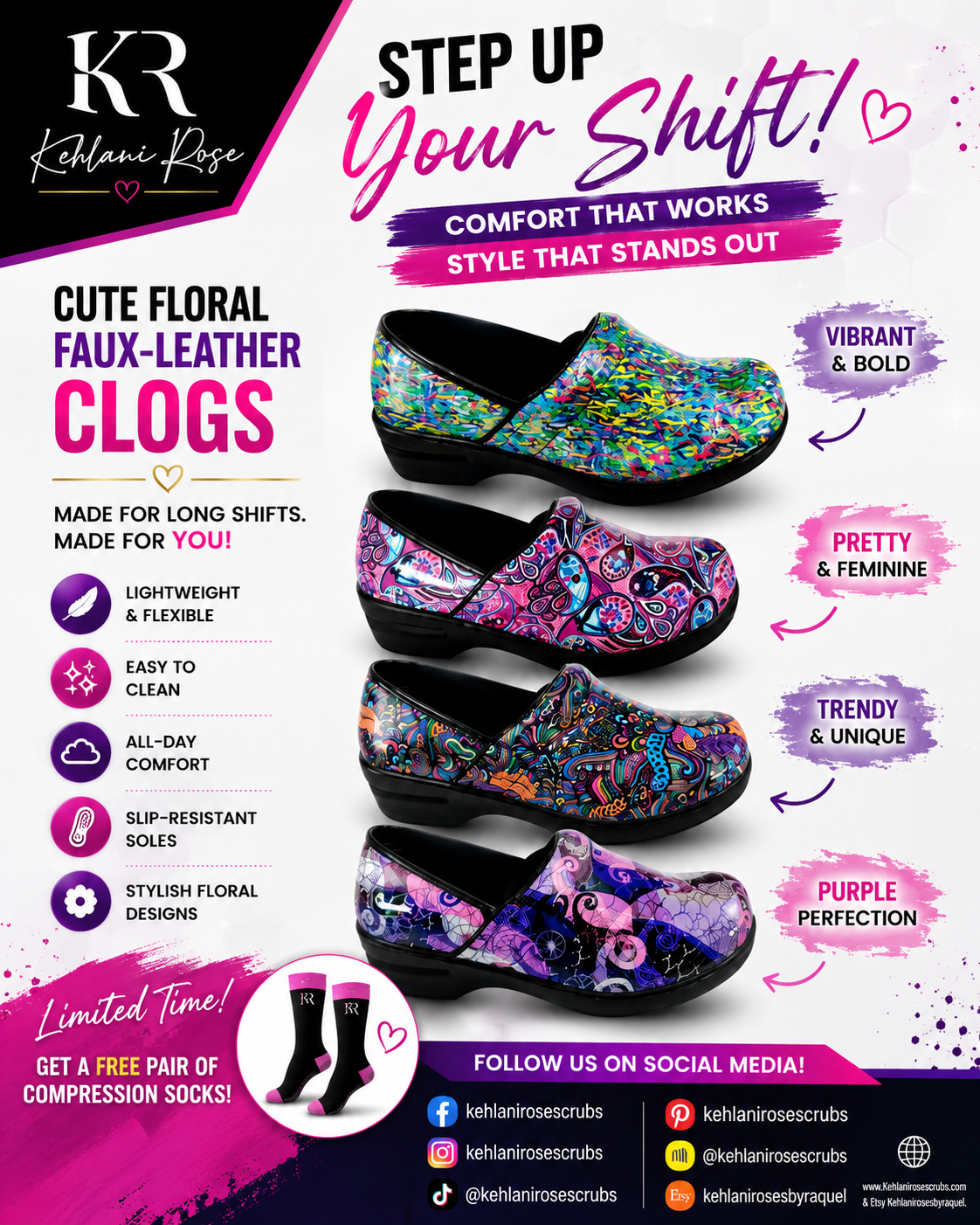 Pink Mardi Gras Patent Nursing Clogs