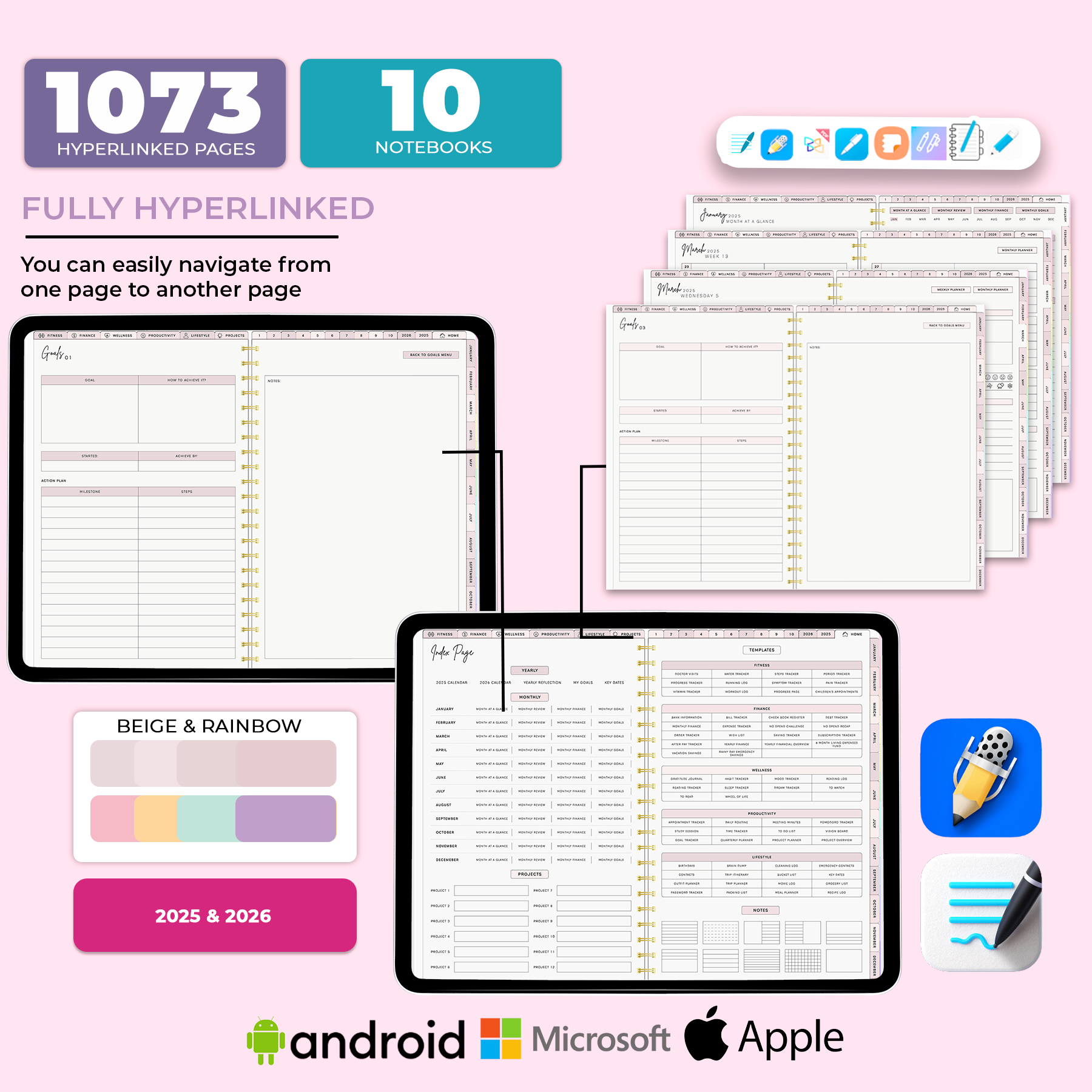 2025-2026 All In One Digital Kehlani Rose Planner, Digital Calendar