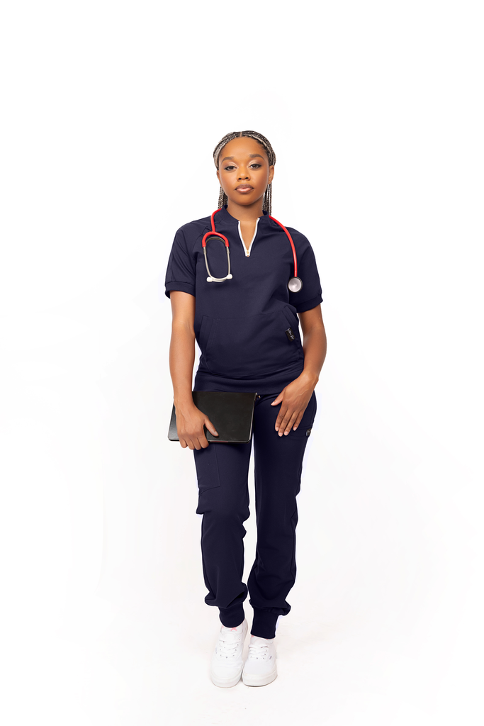 Navy Blue Quarter Zipper Scrub Top