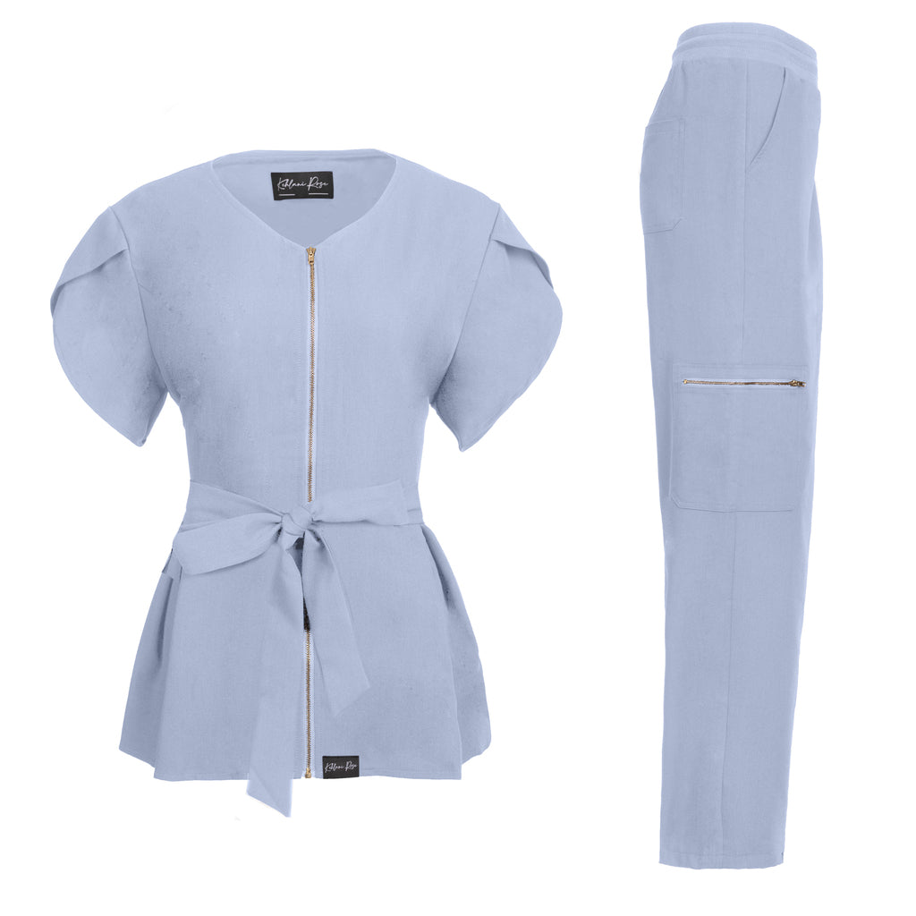 Light Blue Peplum Zippered Scrub Top