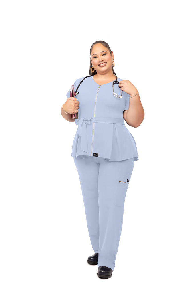 Light Blue Peplum Zippered Scrub Top